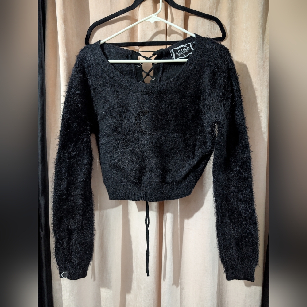 Killstar Fuzzy Crescent Moon Cropped Sweater With Laced Back Corset Ties